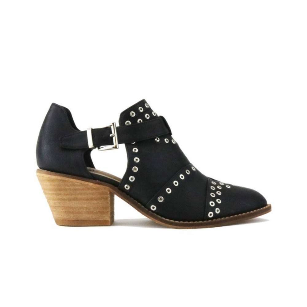 Black Grommet Heeled Side Cutout Ankle Bootie - Picture 2 of 2